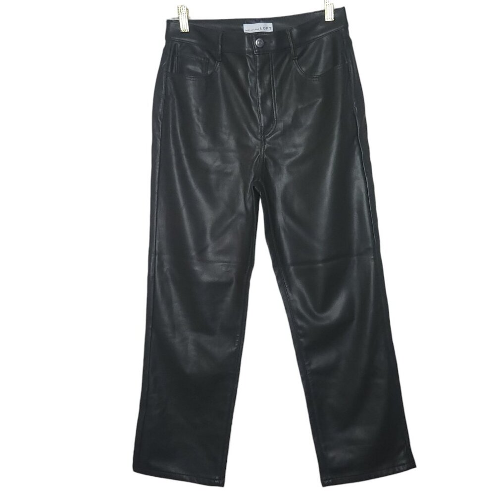 LOFT Vegan Leather Trouser 28 Straight Wide Leg Pant Dark Olive Green Size 6 NWT